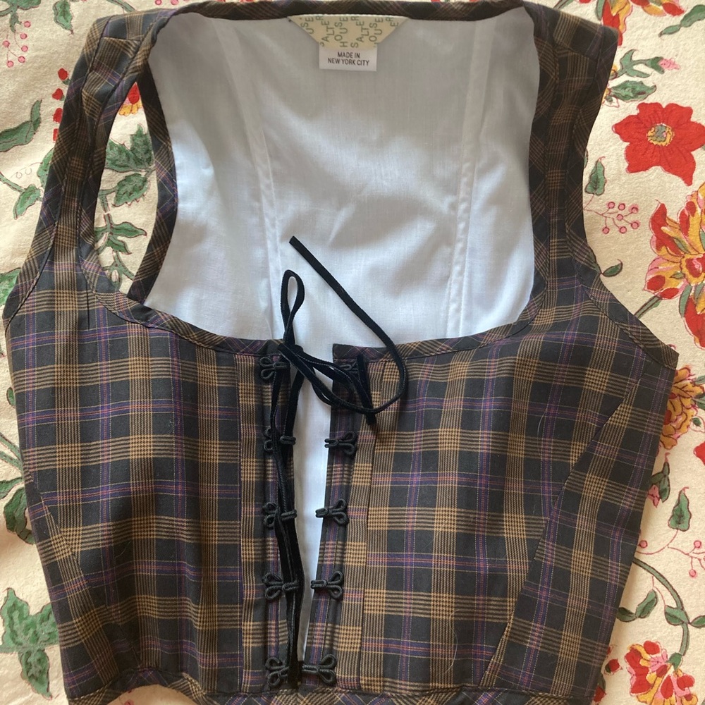 Salter House Corset in brown and purple plaid with velvet tie